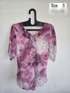 Elegant Pink Ruffle Bow Blouse.