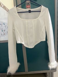 White Corset Style Mesh Top with Fur Cuffs