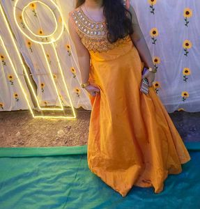 Orange Anarkali Dress with Embellished Neckline