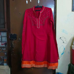 Women's Red Kurta Set with Orange Pants