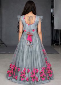 Grey Net gown with Pink Floral Embroidery