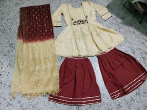 Elegant Cream &amp; Maroon Sharara Set