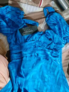 New Stunning Blue Puff Sleeve Mini Dress