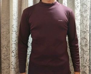 Men's Burgundy Mock Neck Long Sleeve T-Shirt