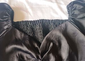 Black Satin Ruched Puff Sleeve Top