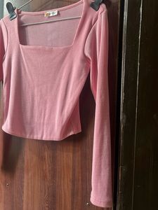 Pink ribbed Square Neck Long Sleeve Top