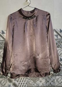 Embellished Neckline Satin Blouse
