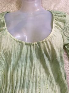 deep neck Green Textured Long Sleeve Top