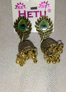 Peacock Feather Jhumka Earrings | Oxidised Gold |