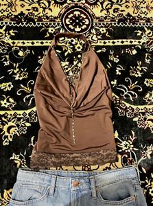 Brown Halter Neck Lace Trim Top (New)