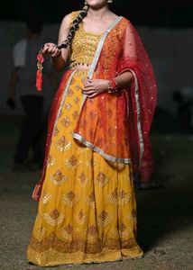 Yellow Lehenga Choli Set with Red Dupatta