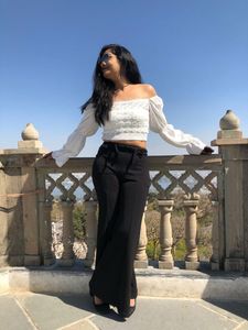 Chic Off-Shoulder White Top &amp; Red wide leg trouser