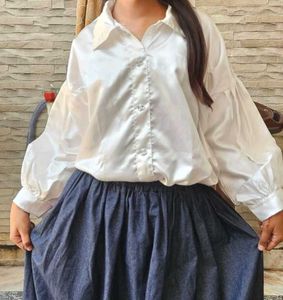 Elegant White Button-Down shirt with denim skirt