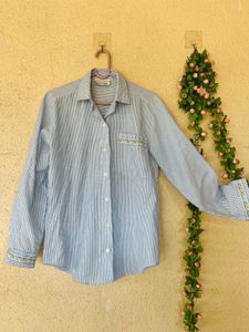 Striped Button-Up Shirt with Floral Embroidery
