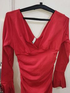Chic Red Ruched V-Neck Dress