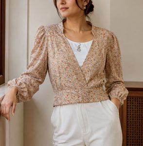 Floral Wrap-Style Layered Top – Beige Elegance