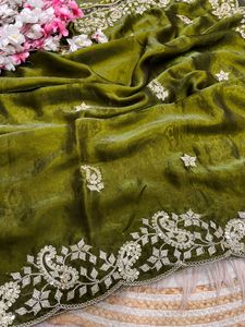 Olive Green Embroidered Silk Saree