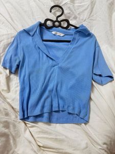 Blue V-Neck Short Sleeve Top