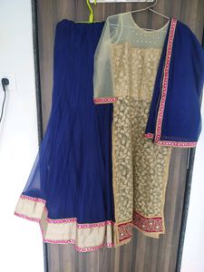 Indo western blue and beige color net with dupatta