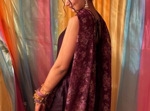 stitched purple floral kurta and bell bottom set