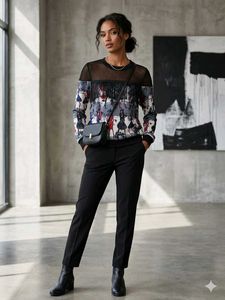 Chic Mesh & Fringe Printed Top