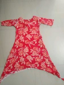 Red Floral Kurta with Embellished Neckline