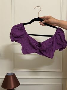 Purple Textured Puff Sleeve Crop Top