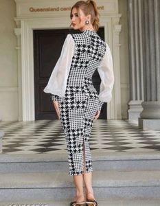 Houndstooth Midi Dress with Sheer Sleeves