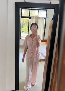 Pink Satin Pajama Set with Lace Detail