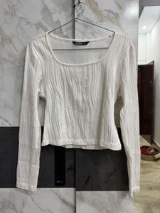 White Textured Long Sleeve Top