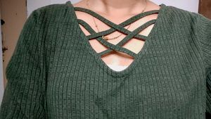 Green Crisscross Neck Ribbed Long Sleeve Top