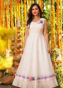 Elegant Cream Ethnic Gown with Floral Embellishmen