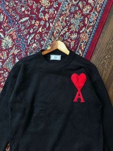 AMI Paris Black Sweater with Red Heart Logo
