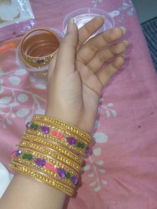 Set of 2 Golden Bangles with Colorful Stones