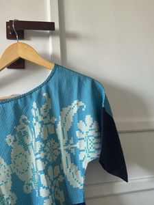 One shoulder Blue Asymmetrical Tunic Top