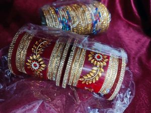 👑 Red &amp; Golden Designer Bridal Bangles Set | Kund