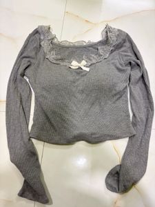 🌟Grey ribbed long-sleeve crop top
