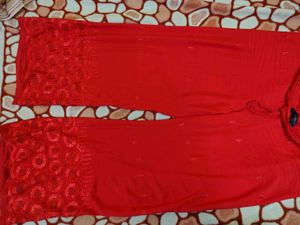 Red Palazzo Pants with Embroidered Hem