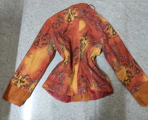 Orange Whimsical Paisley Print Corduroy Jacket