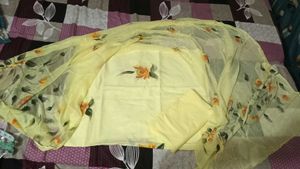 Yellow Floral Print dress material with Dupatta