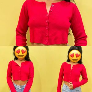 Red Cropped Button-Up Cardigan