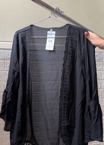 Sheer Black Lace Trim Kimono Cardigan