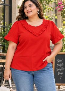 Red Ruffle Neck Short Sleeve Top