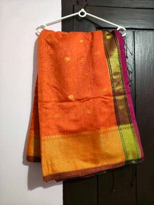 Orange cotton silk  Saree with Golden Border
