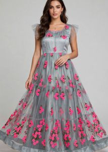 Grey Net gown with Pink Floral Embroidery