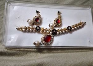Elegant Pearl &amp; Red Stone Jewellery Set