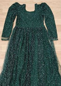 Dark Green Printed Long Dress with Puff Sleeves &amp;