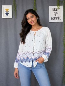 White Boho Printed Button-Up Top