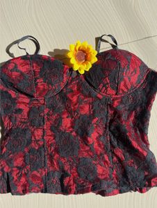 Red &amp; Black Floral Lace Corset Top
