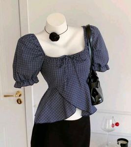 Chic Blue Plaid Puff Sleeve Top